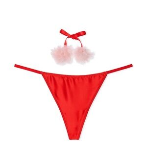 VICTORIA'S SECRET DREAM ANGELS SATIN POM POM V-STRING THONG PANTY XL Red NWT